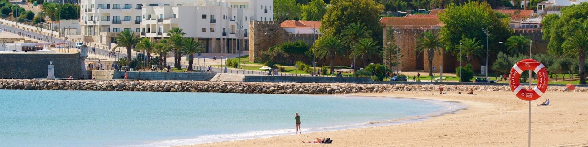 A sandy beach with a lifebuoy, a stone wall, and buildings in the background.