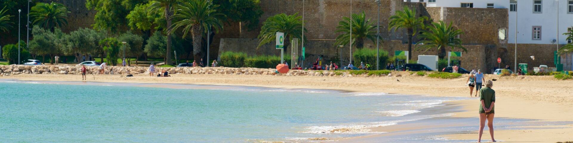 Meia Praia Beach featuring a coastal town, a sandy beach and general coastal views