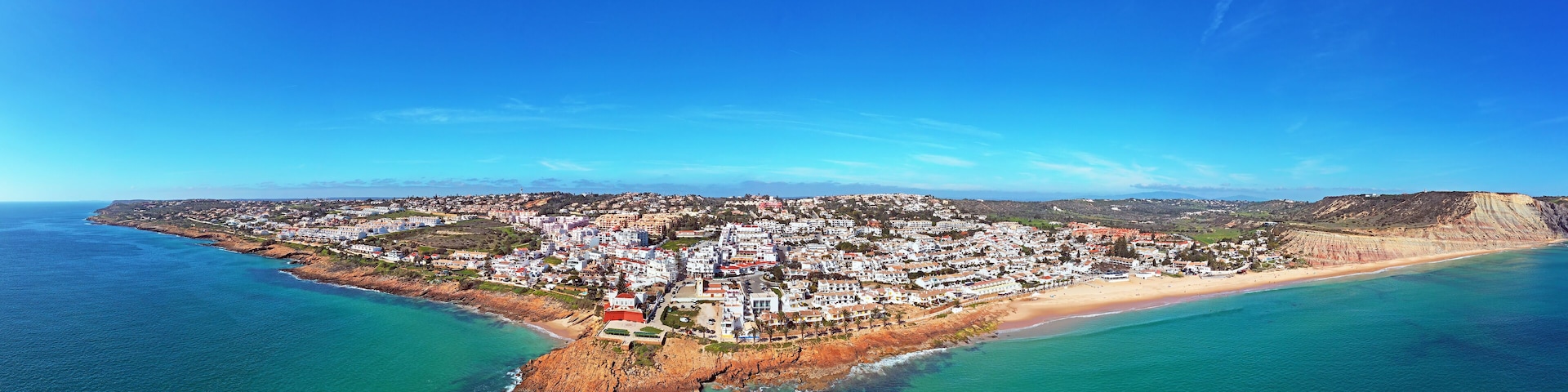 Aerial panorama from the village Luz in the Algarve Portugal