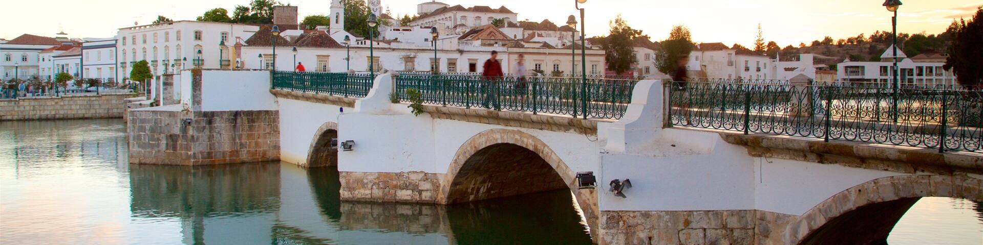 A stone bridge over a calm river, with buildings and a sunset in the background.