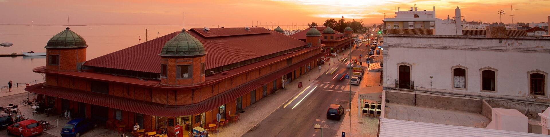 Olhao Municipal Market showing a sunset