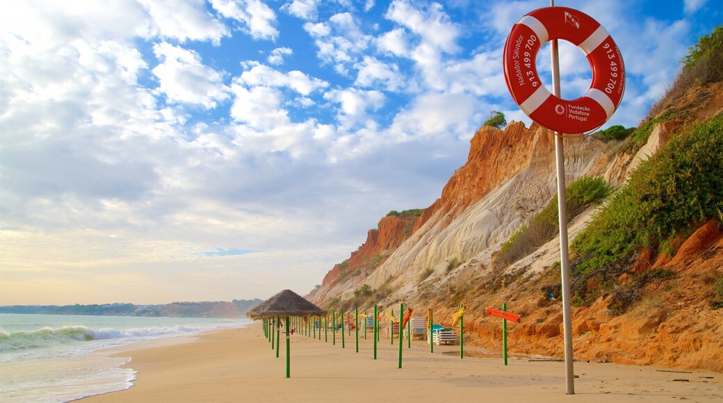 Falesia Beach showing a sandy beach, rocky coastline and general coastal views