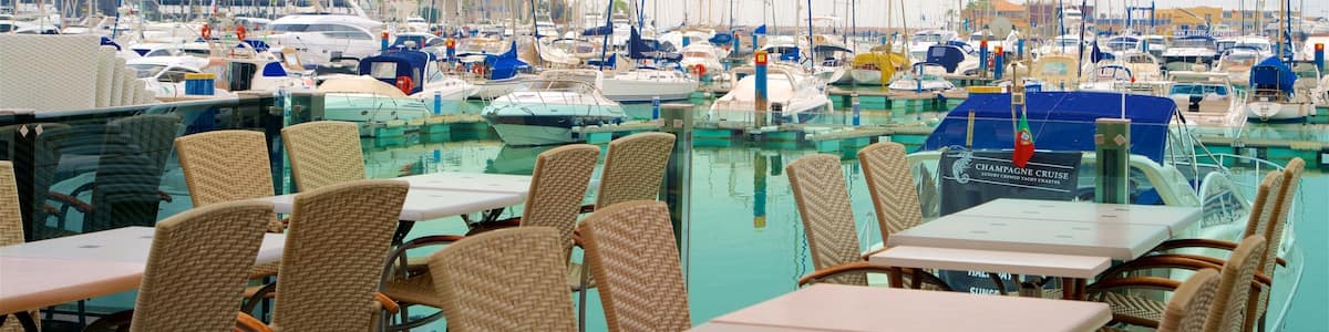 Un port de plaisance où de nombreux bateaux sont amarrés, avec des chaises et des tables en osier disposées sous une tonnelle.