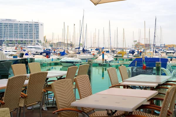 Un port de plaisance où de nombreux bateaux sont amarrés, avec des chaises et des tables en osier disposées sous une tonnelle.