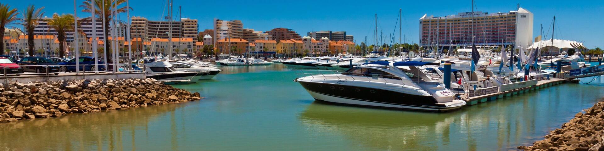 A marina with boats docked, a rocky shoreline, and a hotel in the background.