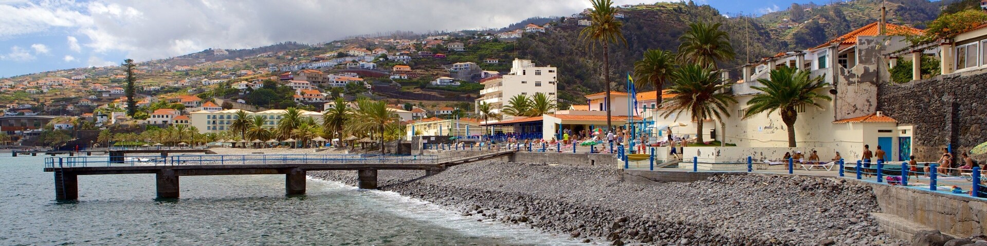 Una playa rocosa con un muelle, palmeras y edificios al fondo.