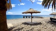 Une plage de galets bordée de parasols en chaume, d’une jetée et de palmiers.
