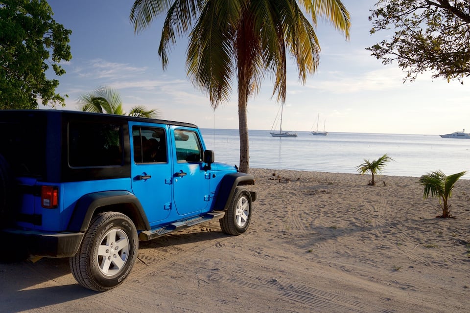 A blue Jeep parked on a sandy beach with palm trees and a calm sea in the background.