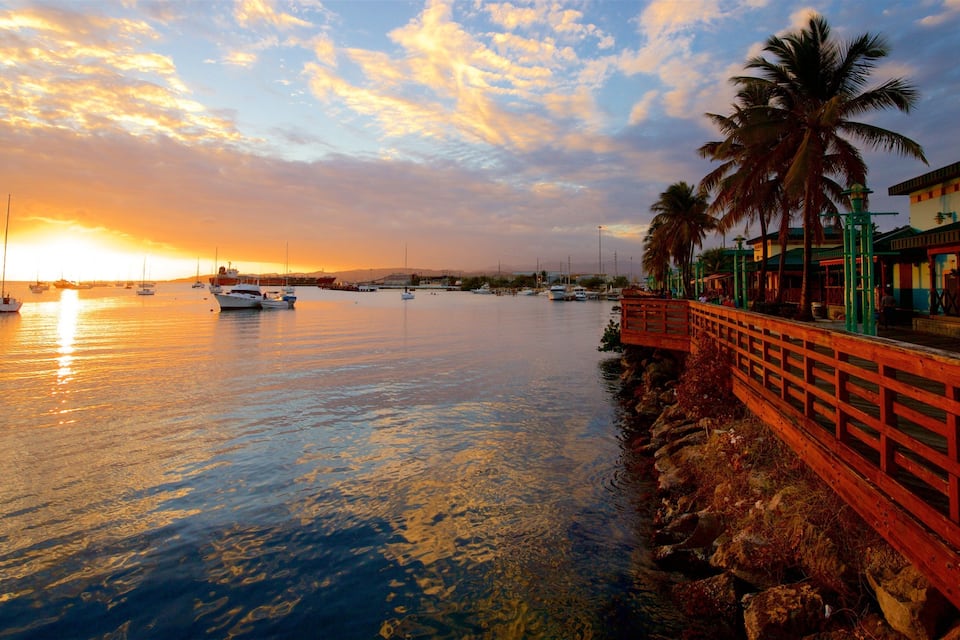 A sunset over a calm harbor with boats, a wooden walkway, and palm trees.