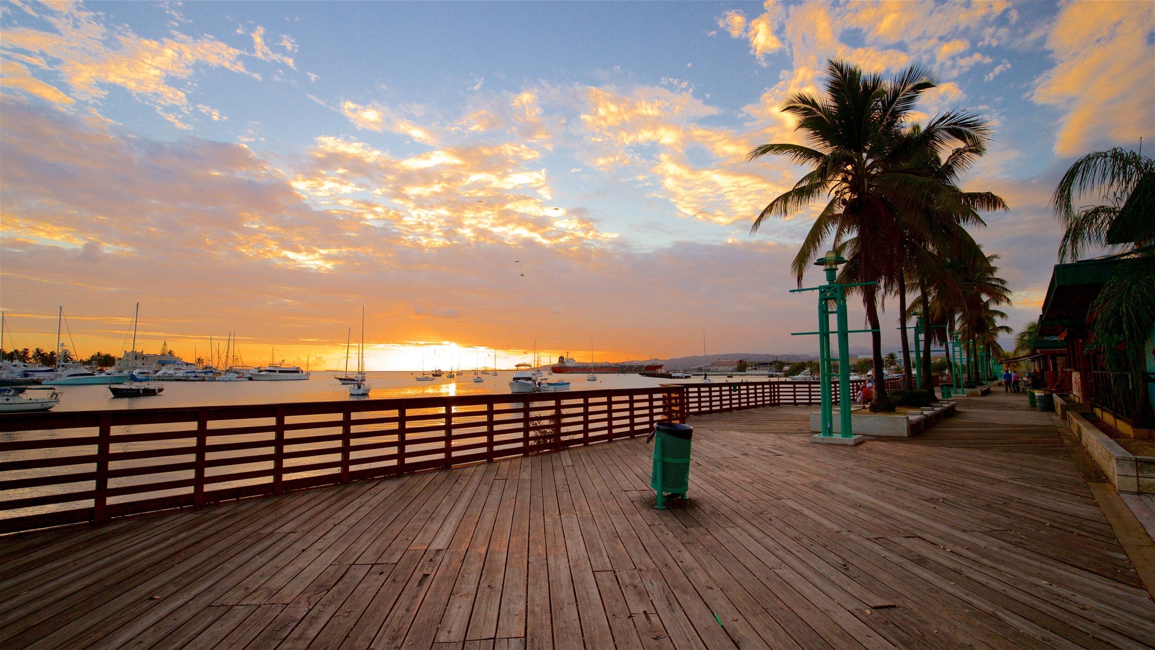 Pasarela de madera con barandilla, palmeras y barcos en el agua al atardecer.