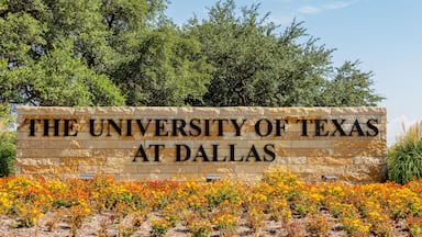 Placa da Universidade do Texas em Dallas, com árvores e flores coloridas ao fundo.