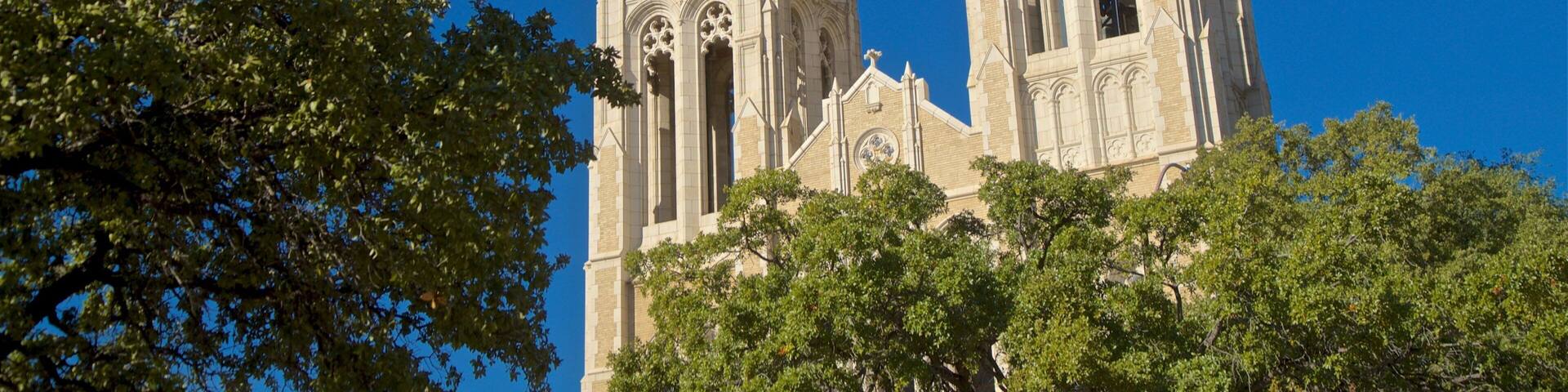 A Gothic-style cathedral with twin towers and intricate stonework, surrounded by lush green trees.