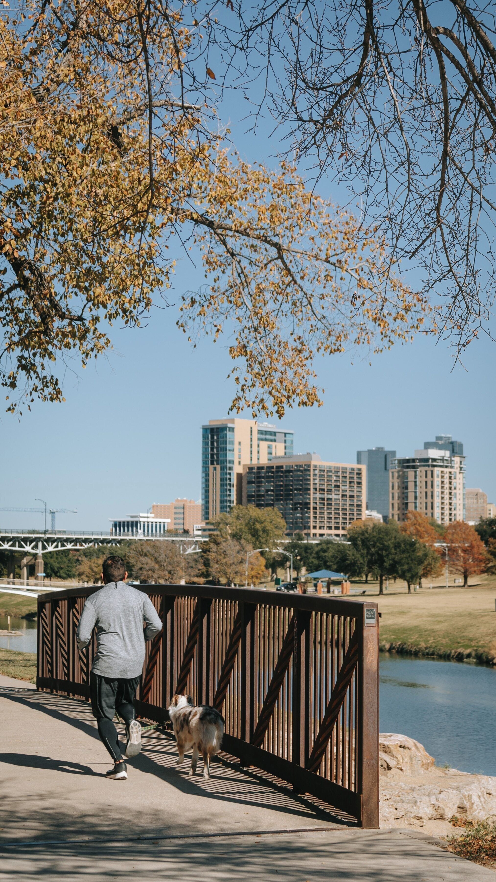 Jogger and dog enjoying a sunny day at Trinity Park along the water in Fort Worth, Texas, with city skyline in the backdrop during autumn