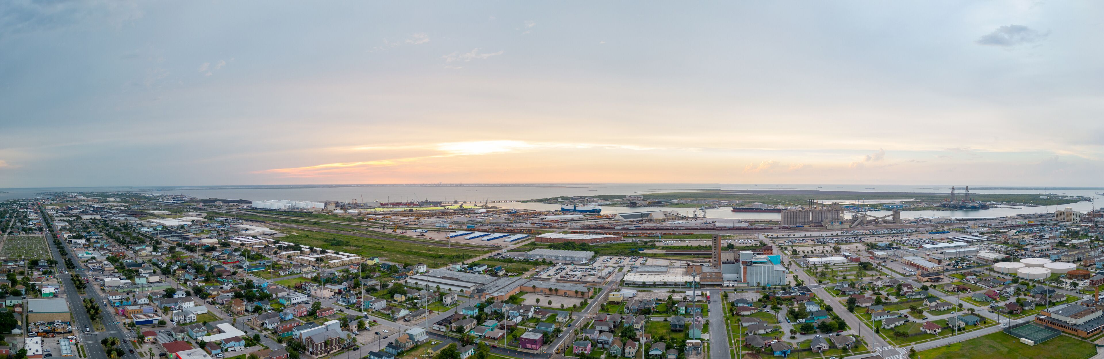 Aerial panorama sunset over Port of Galveston Texas