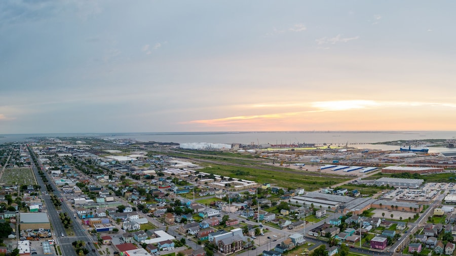 Aerial panorama sunset over Port of Galveston Texas