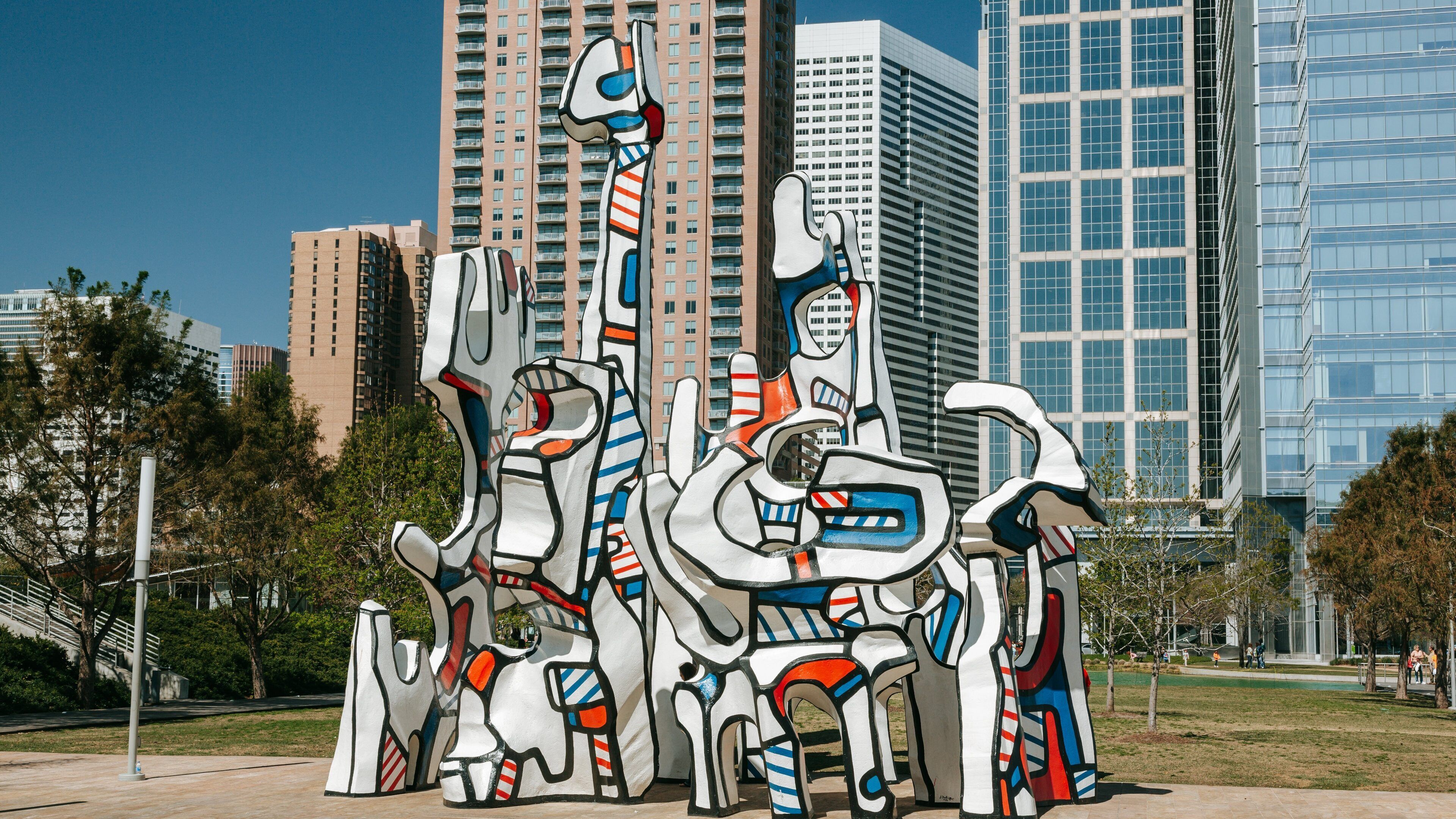 Discovery Green which includes a city, a garden and outdoor art