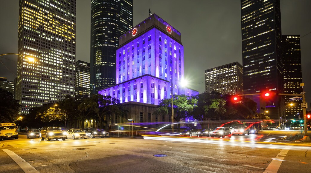 Houston City Hall & Traffic at Night in Downtown Houston, Texas