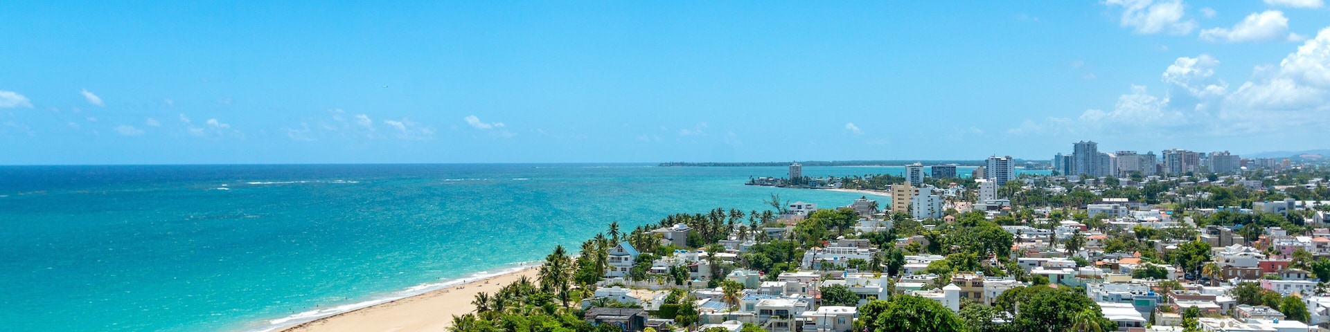 A coastal residential area with a beach, houses, and a distant city skyline.