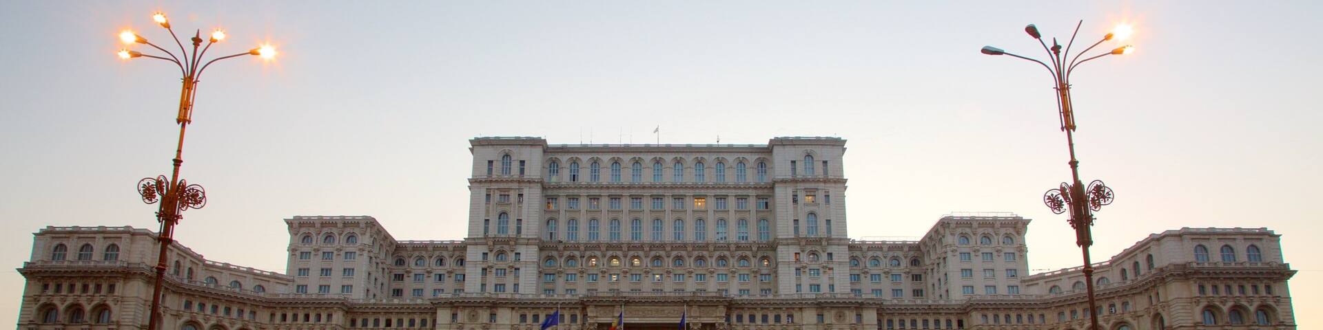 Palace of the Parliament which includes a sunset, heritage architecture and heritage elements