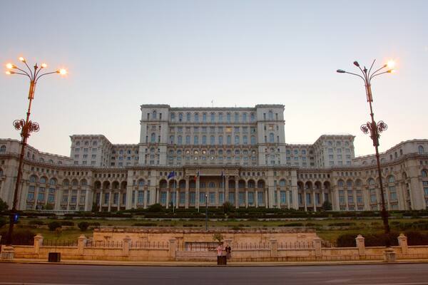 Palace of the Parliament which includes a sunset, heritage architecture and heritage elements