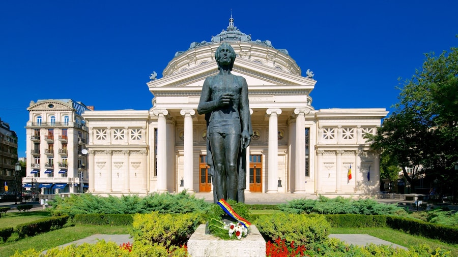 Romanian Athenaeum showing a garden, a statue or sculpture and theatre scenes