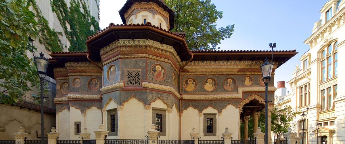 Stavropoleos Church which includes heritage architecture and a church or cathedral
