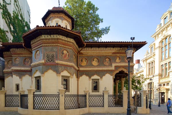 Stavropoleos Church which includes heritage architecture and a church or cathedral