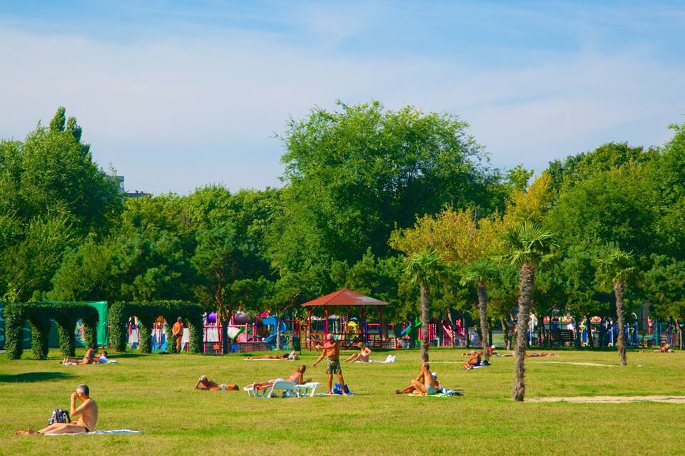 A park with people sunbathing, a gazebo, and trees.