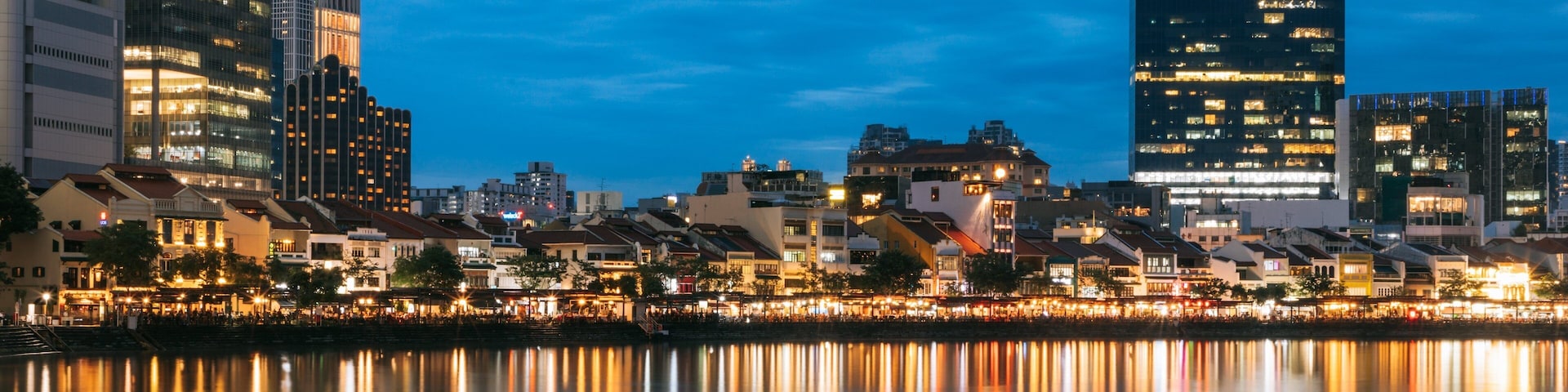 Boat Quay showing night scenes and a bay or harbor