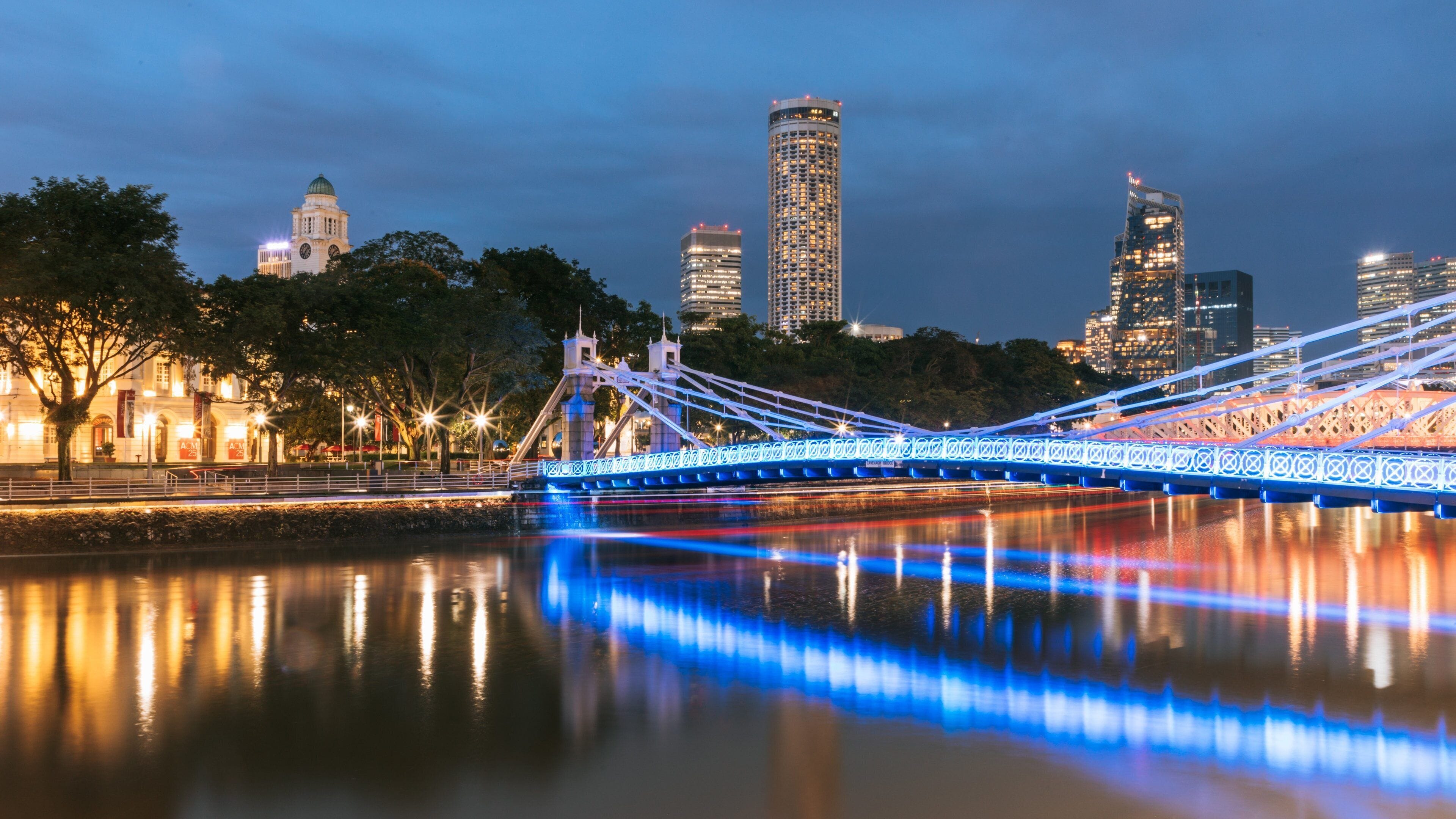 Cavenagh Bridge which includes a bridge, night scenes and a river or creek