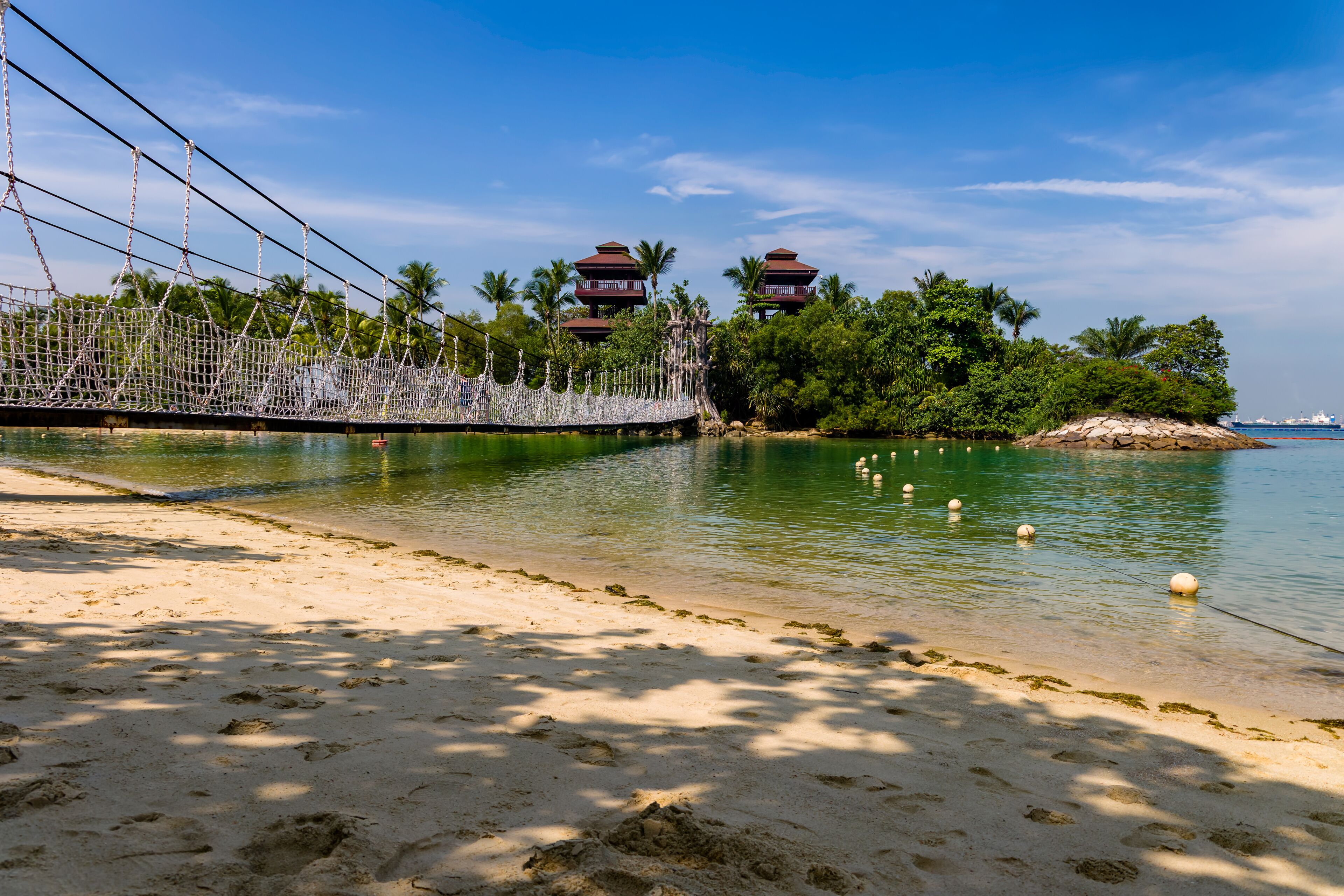 Rope suspension bridge and lush vegetation at Palawan Beach, Singapore