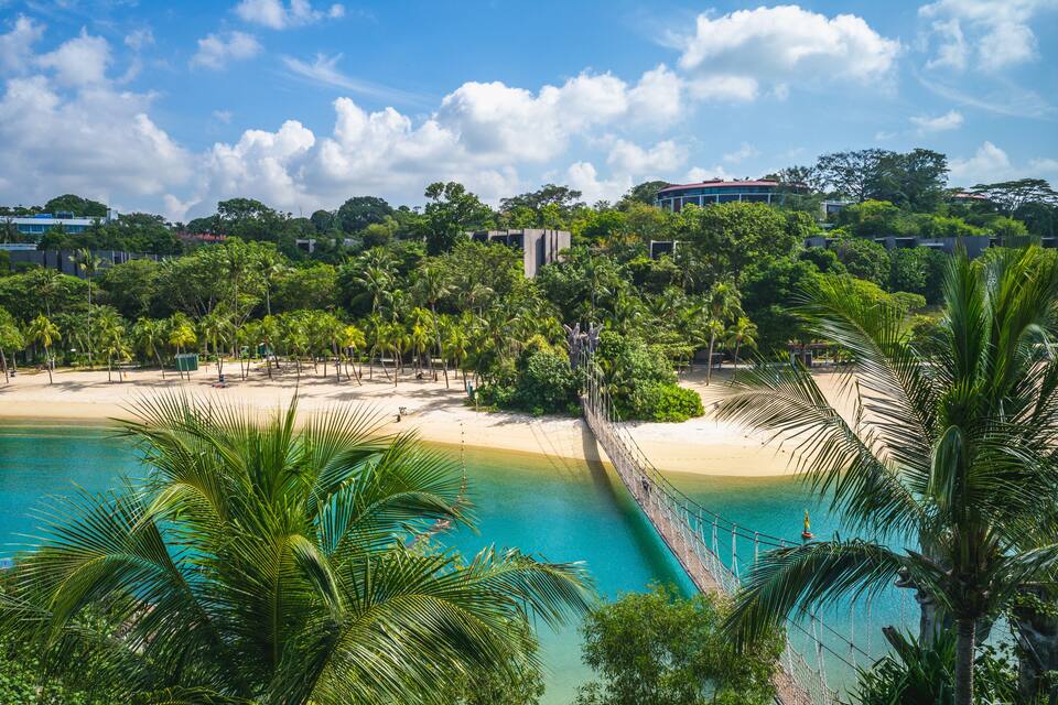 A beach with clear turquoise water, palm trees, and a bridge connecting to a building complex.