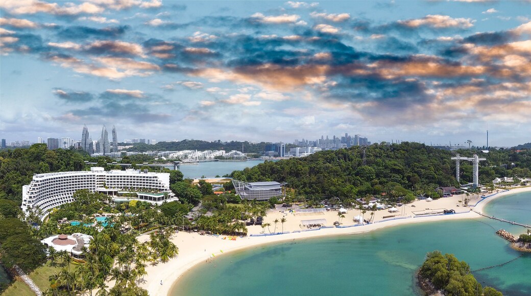 Panoramic aerial view of Siloso Beach and Sentosa Island at sunset, Singapore