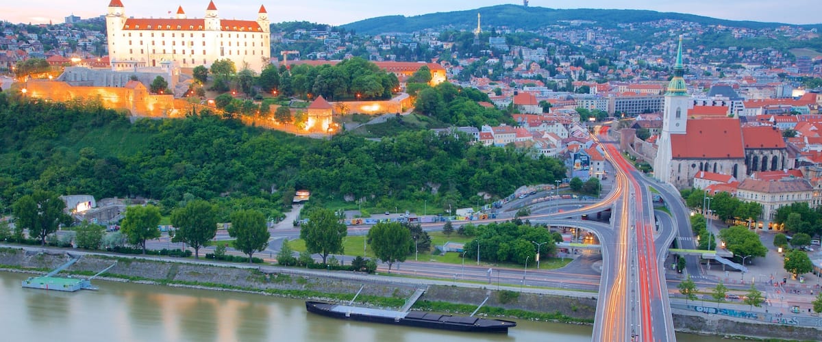 Bratislava Castle which includes a city, a river or creek and a castle
