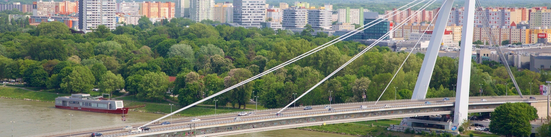 Bratislava Castle showing a river or creek, a city and a bridge