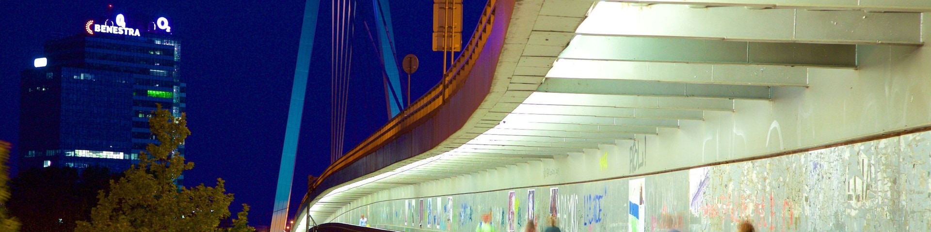 Un puente curvo con grafitis, un río y una torre al fondo.