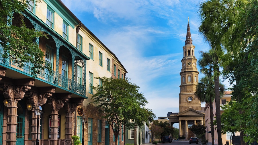USA, South Carolina, Charleston, Church Street, Dock Street Theater, St. Philip's Church - stock photo