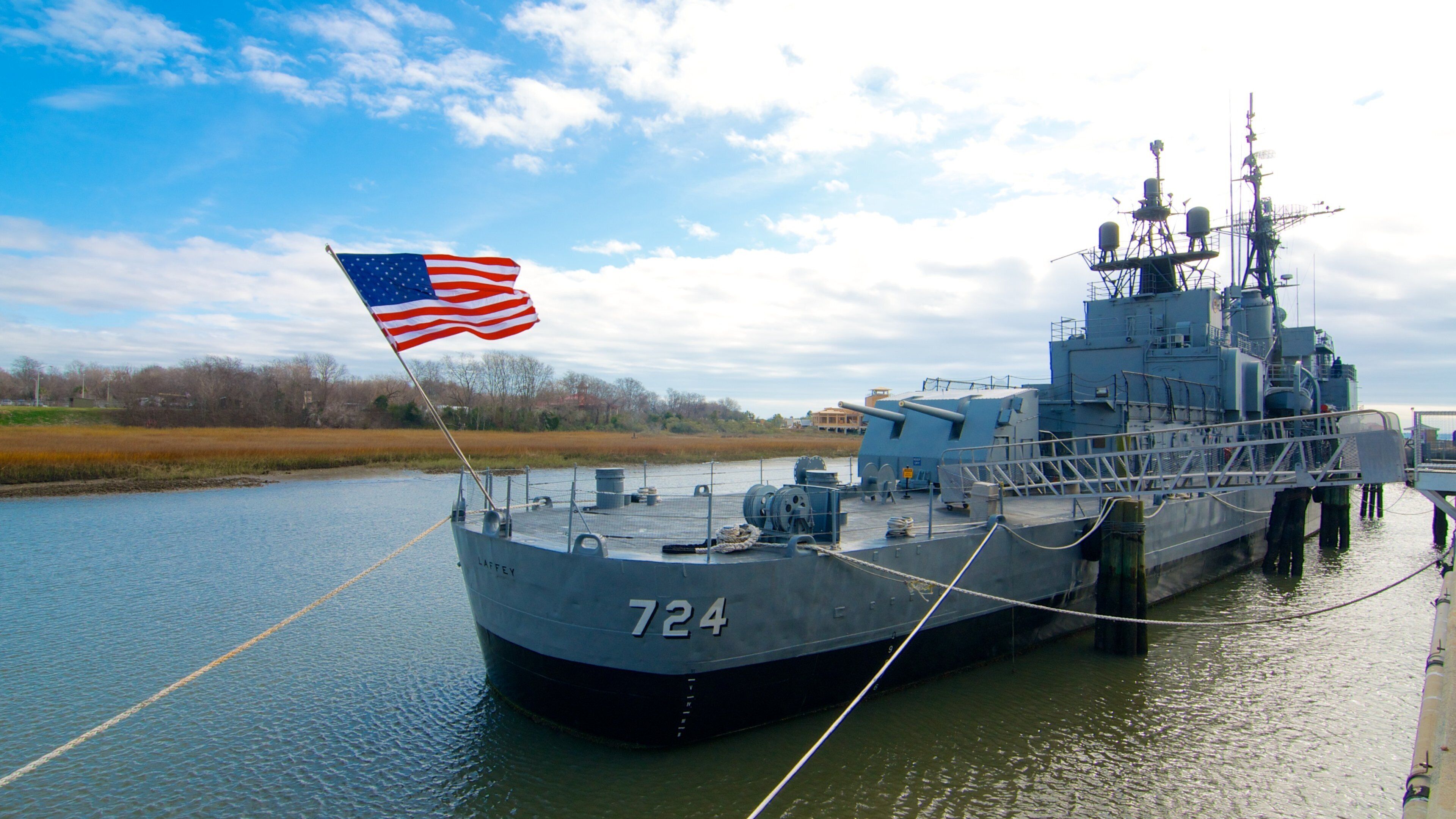 Patriots Point which includes a marina, a river or creek and military items