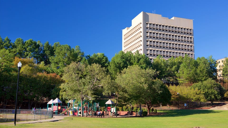 A park with playgrounds and a tall building in the background.
