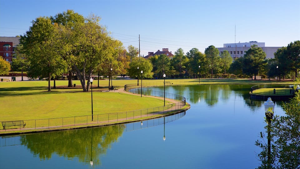 A park with a pond, green grass, trees, and a fence.