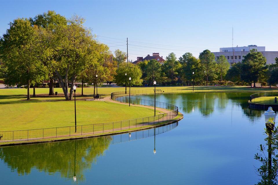 A park with a pond, green grass, trees, and a fence.