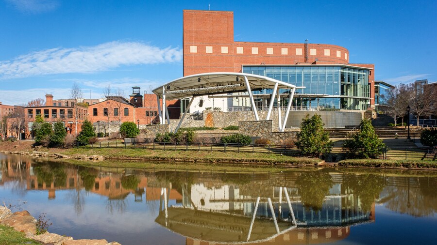 The Peace Center, performing arts center and outdoor ampitheater, in Greenville, South Carolina downtown viewed from the Reedy River.