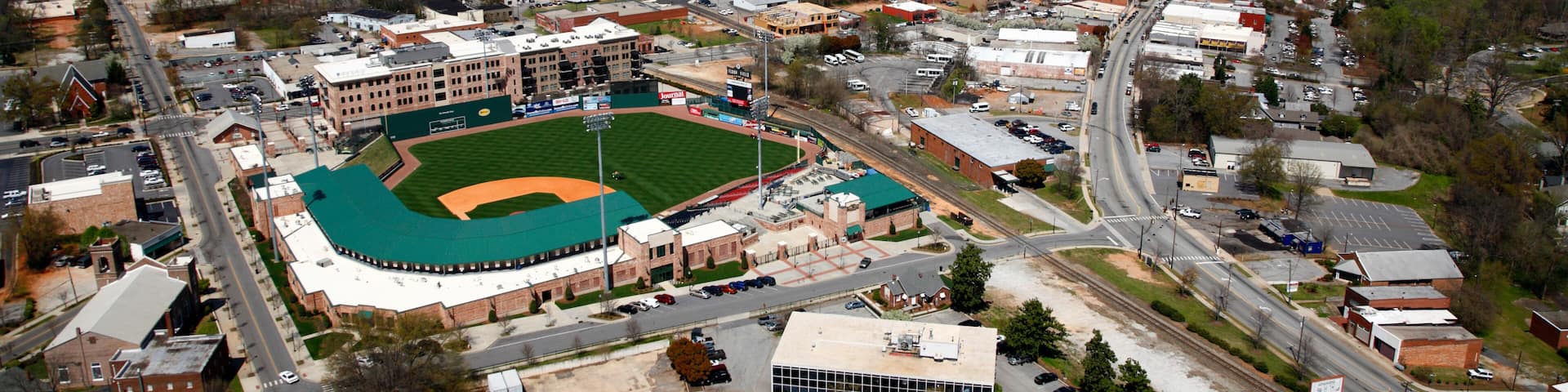 Aerial view of downtown Greenville, SC with Fluor Field