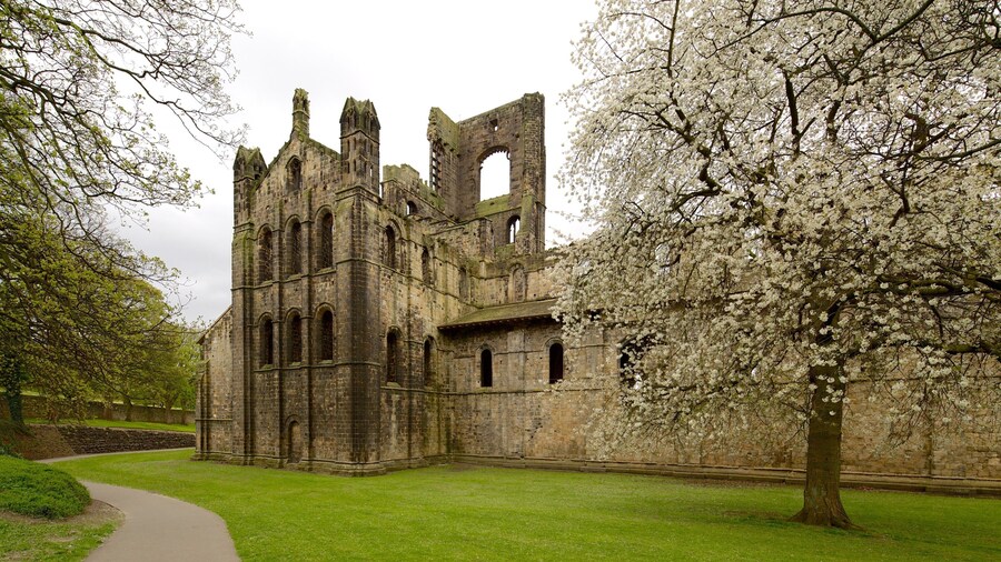 Kirkstall Abbey montrant bùtiments en ruines, église ou cathédrale et patrimoine historique