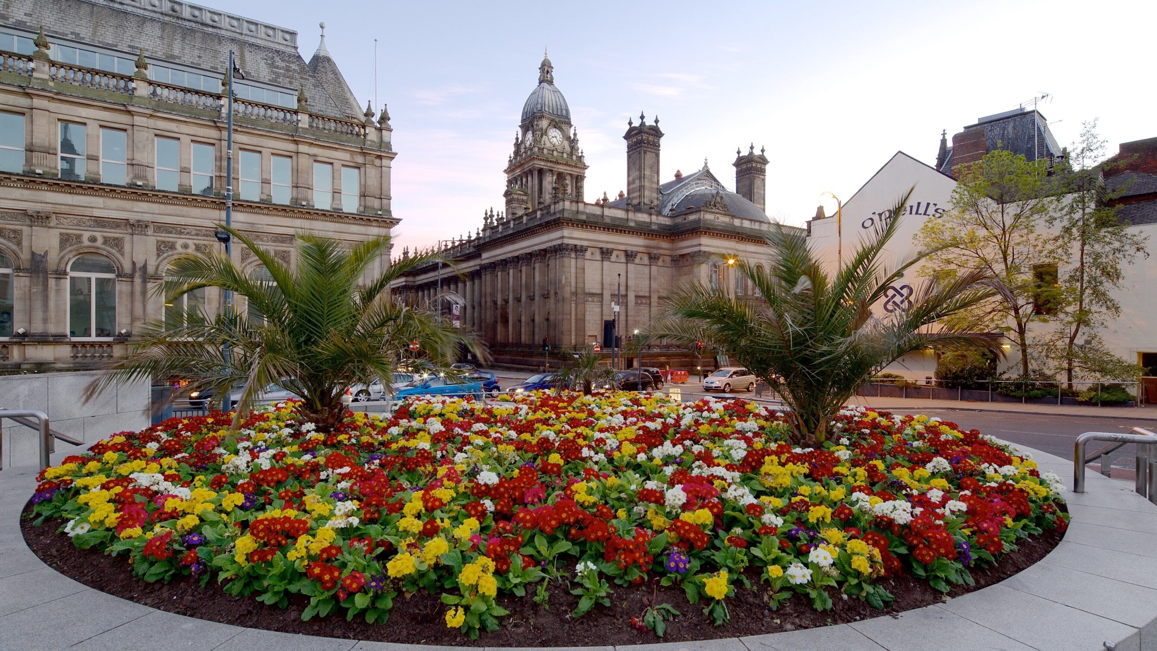 Leeds Town Hall which includes a city, flowers and an administrative buidling