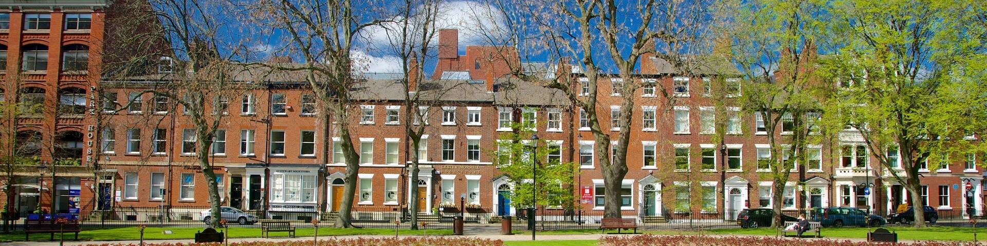 Leeds Park Square which includes a park, picnicing and flowers