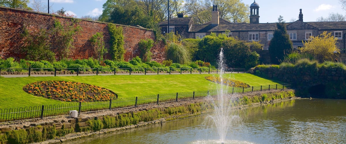 Roundhay Park som inkluderar en å eller flod, en park och en fontän