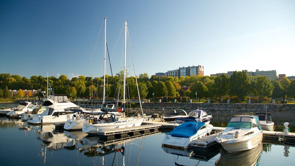 A marina with various boats docked, a stone wall, and buildings in the background.