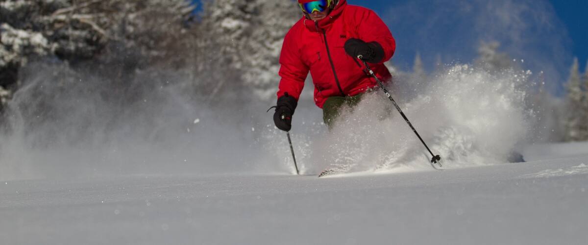 A skier in a red jacket and helmet on a snowy slope with trees in the background.