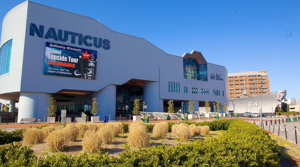 Nauticus National Maritime Center showing modern architecture and a city
